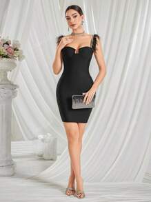 Feather Halter Rhinestone Skinny Wrap Hip Dresses Evening Party Gown, Wedding Guest Dress