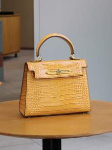 Bolso de moda para mujer de alta gama 2025, bolso de hombro/cruzado de lujo minimalista cuadrado, versátil para la oficina, de patrón de piel de cocodrilo amarillo retro y platino