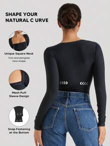 Women Bodysuits Square Neck Long Sleeve Fitted Bodysuits - Black - View 2