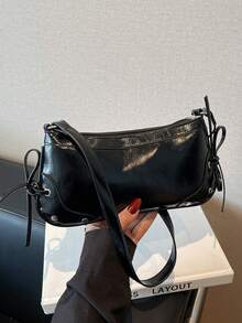 1 pieza Bolso de baguette cruzado/debajo del brazo con decoración de lazo vintage, adecuado para citas, salidas, fiestas y talla grande - Negro - Ver 6