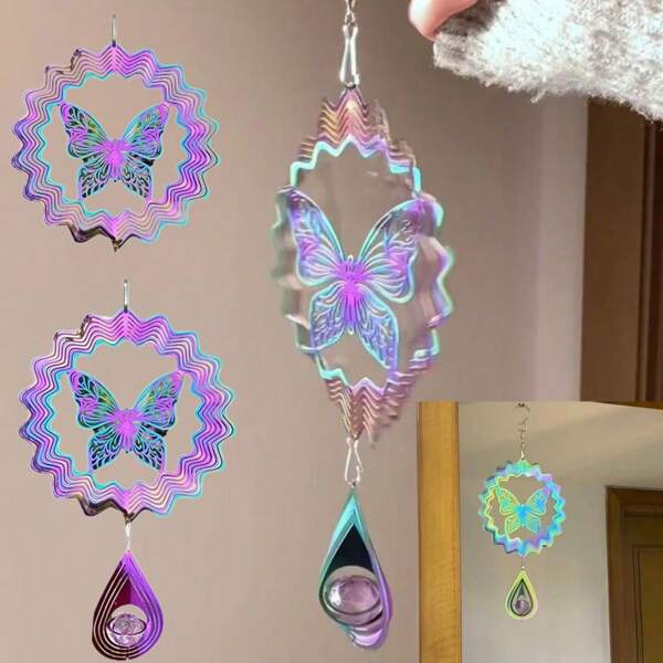 1/2 piezas Colgantes con diseño de mariposa 3D, atrapasol de acero inoxidable colorido, colgantes de mandala giratorios para decoración del hogar y jardín