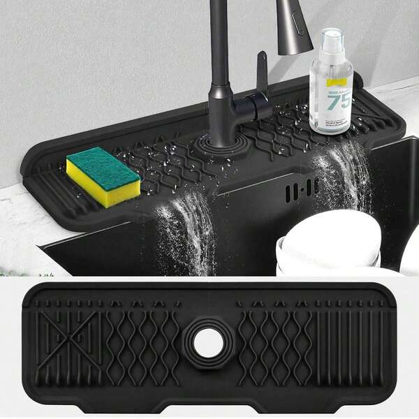 1 pieza Protector antisalpicaduras de silicona para grifo de cocina, felpudo absorbente para proteger el fregadero, diseño con pendiente de 5° y salida para un drenaje talla grande fácil, accesorio para fregadero de cocina, baño, soporte para esponja, antideslizante de silicona, borde plegable fácil de limpiar, diseño de desvío del flujo de agua, apto para fregadero de cocina/baño/caravana