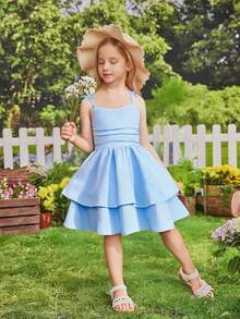 Young Girl Cute Bowknot Adjustable Strap Pleated Double-Layer Hem Light Blue Dress - Blue - View 9