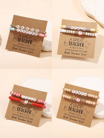 2 件/套教师节手链套装，时尚软粘土 CCB 树脂木珠和字母“INSPIRE TEACH”手链，适合日常佩戴和送礼