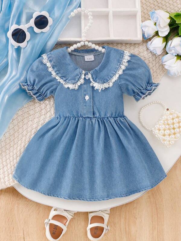 Vestido vaquero de verano informal para bebé niña con manga abullonada adorable y diseño de cuello de encaje floral