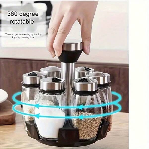 Set di barattoli di vetro girevoli per condimenti con supporto antigraffio - Organizer da cucina ruotabile a 360 gradi per spezie, condimenti ed erbe - Combinazione di barattoli trasparenti con coperchi in acciaio inossidabile - Senza design a motivi