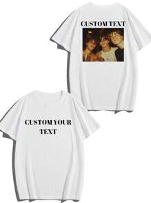 Customized Photo Printed Men's T-Shirt, Spring/Summer, Personalized Design, Upload Your Photo/Group Photo/Lover/Family/Pet/Best Friend/Landscape, Input Your Text/Name/Message/Fun Text/Blessing, Men's Round Neck Short Sleeve T-Shirt, Black Top, Holiday Gift, Valentine's Day/Birthday/Anniversary Photo Customization, Gift For Him, Short Sleeve Spring/Summer