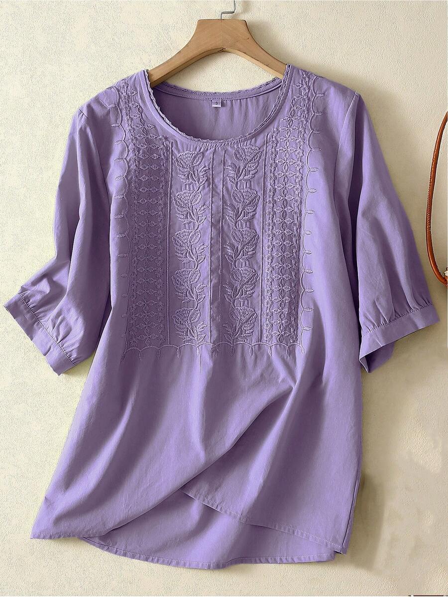 Blusa suelta de mujer con cuello redondo, manga farol y bordado floral, para primavera/verano
