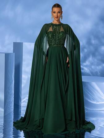 DELLA COUTURE Green Long Maxi Formal Evening Gown, Summer Women's Party Dresses, Perfect For Wedding, Banquet, Red Carpet, Party, Ball And Other Formal Occasions, High-End Fashion Design To Make You Shine, Cocktail Evening Dress