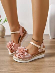 Women's Fashion 3D Floral Decor Jute Rope Bottom Wedge Sandals, New Stylish Resort Style, Casual Simple Thick Bottom Sandals, Comfortable Non-Slip, Antibacterial, Odor-Resistant, Soft Open Toe Bohemian Style Sandals, Suitable For Summer Outdoor, Travel, Holiday, Wedding Attendance, Party Outfit - Pink - View 5