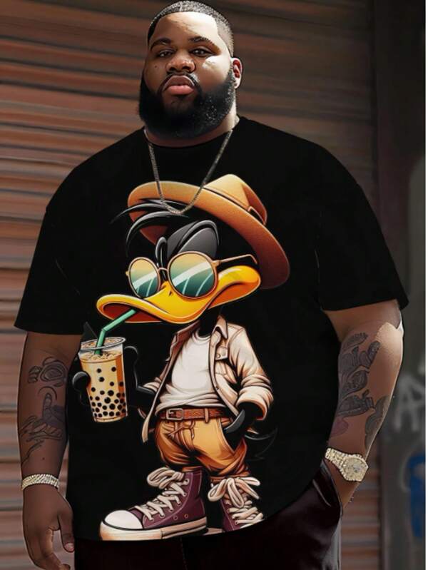 Funny Men Cartoon Duck Print Short Sleeve T-Shirt, Casual Pullover Fashion Tee For Outdoor, Plus Size