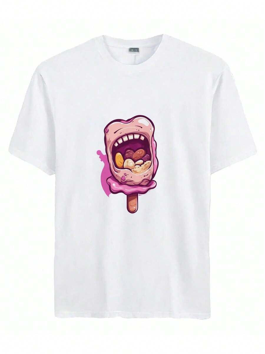 Men's Summer Short Sleeves-A Cartoon Image Of A Chocolate Chip Ice Cream On A Popsicle - White - View 1