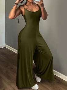 Women's Casual Home Bowknot Pocket Fitted Knit Drop-Crotch Wide Leg Jumpsuit