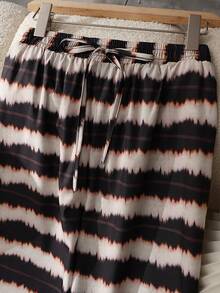 2pcs Spring/Summer Personalized Fashion Print Long Sleeve Patchwork Casual Vacation Suit Tops - Coffee Brown - View 9