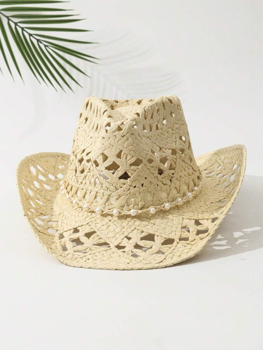 1pc Unisex Pearl Decor Hollow Out Straw Hat Sun Hat Wide Brim Handmade Beach Hat For Women Cowboy Hat Boho - Multicolor - View 1