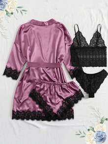 4-Piece Women's Satin Pajamas, Beautiful And Sexy, Soft And Comfortable. It Includes A Satin Robe(Three-Quarter Sleeve), A Lace Camisole, A Lace Panty And A Satin Shorts. Suitable For Home Leisure Wear. Sexy Pajamas Are The Perfect Choice For Elegant Women.Perfect For Summer.If You Prefer A Loose Fit, Order One Size Up Than Your Usual Size. - 紫色 - 查看 2