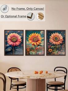 1/3Pcs, Optional Frame, High Quality Print Painting, Modern Style, Sunflowers, Flowers, Illustrations, Colorful, Flower Lovers, Wall Art Poster, Home Decoration, Suitable For Living Room, Sofa, Bed, Hallway, Bedroom, Bathroom, Office, Perfect Art Gift, PVC Rigid Pipe Packaging,Wall Art With Frame - Multicolor - View 2