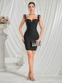 羽毛吊带水钻紧身裹臀连衣裙晚会礼服，婚礼宾客礼服