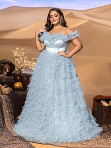 Faeriesty Plus Elegant Off-The-Shoulder Evening Gown With Back-Tie Closure, Ruffled Bodice & Hem Detailing, Flattering A-Line Silhouette – Perfect For Black-Tie Galas, Red Carpet Events, Luxury Weddings, Formal Award Ceremonies, And High-Profile Charity Balls,Party Dress,Prom Dress - Blue - View 6