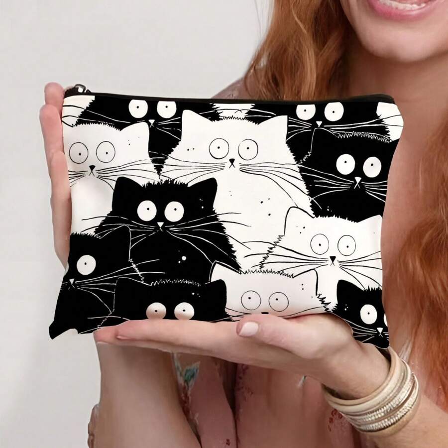 1 Pc Funny Cat Retro Cat Pattern Cosmetic Bag, Funny Cat Toiletry Bag, Portable Travel Storage Bag,Zipper Lightweight Makeup Pouch For Women,For Holiday Beach, Bathroom Collection, Bedroom Collection, Large Capacity