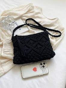 Handwoven Small Crossbody Bag For Women, New W Oven Shoulder Bag, Niche Beach Retro Style, Versatile Square E Nvelope Bag, Fashion Crossbody Bag, Vacation Beach Bag - Black - View 8