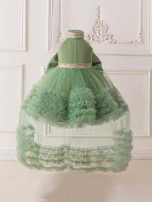 女婴亮片网纱露背蝴蝶结可爱一周岁生日拖尾礼服，适合派对、花童、婚礼等场合，不含头饰 - 綠色 - 查看 2