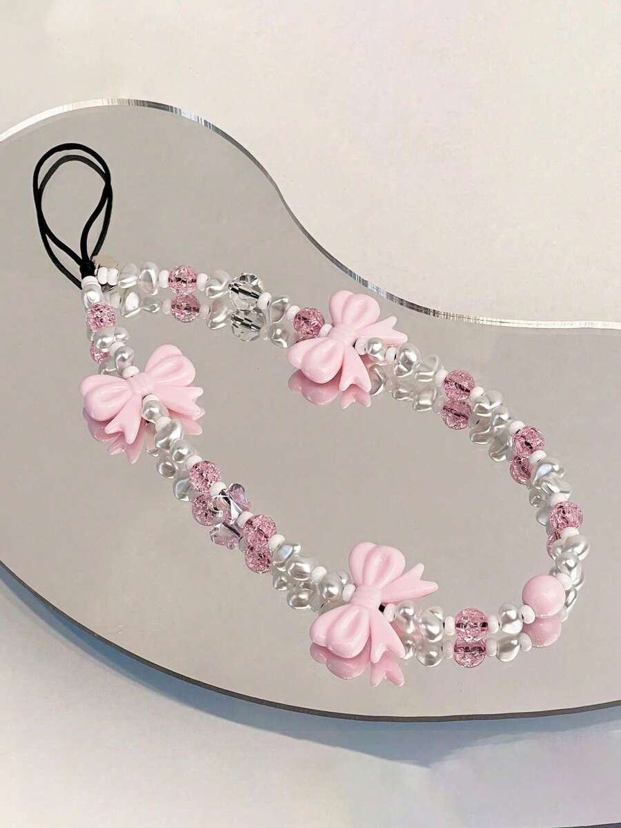 Small Batch Sakura Pink Bow Random Shape Beaded Phone Lanyard, Cute - Pink - View 1