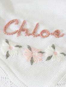 1pc Customizable Hand Embroidered Baby Knit Blanket, Delicate Floral Embroidery, Wave Edge, Soft & Simple, Suitable For All Seasons, Children, Multi-Functional, Ornamental, Letter, Stylish, Modern, Colorful, Cute, Adorable, Casual, Custom, Personalised, Unique, Customized, Ideal Gifts For Him, Ideal Gifts For Her, Customized Kids Swaddling Blankets, Easy Comfort, Easy Comfort,Birthday Gift - White - View 5