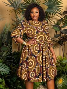 加大休闲圆领灯笼袖印花系带连衣裙节日连衣裙度假造型花卉印花休闲连衣裙夏装春装 - 黃色 - 查看 5