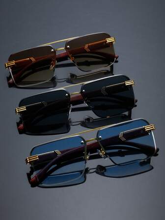 1 pièce/3 pièces Lunettes de soleil carrées métalliques sans monture à double pont, mode homme, nécessaire pour les tenues de voyage et de conduite