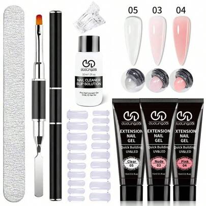 8 Stücke/Set 20ml Poly-Verlängerungs-Gel-Set Nagelkunst Polygel-Kit in klar-weiß, UV-Gel-Spitzenform Acryl-Nagel-Gel-Scheiben-Pinsel-Kit mit 20 Stücke Nagelverlängerungs-Formen