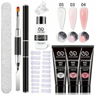 8st/set 20ml Poly Extension Gel Set Nail Art Polygels Kit Klarvit Nagel UV Gel Tip Form Akryl Nagelgel Skivborstesats med 20st Nagelförlängningsformar