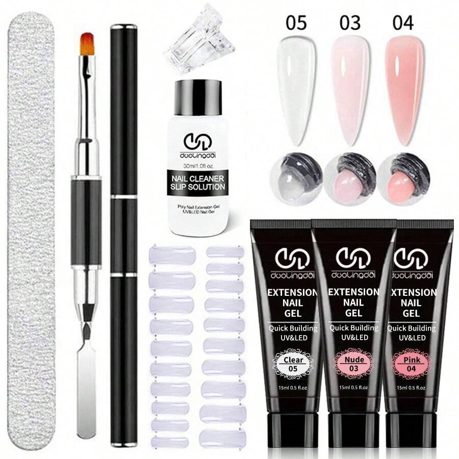 Set da 8 pezzi di gel per estensione unghie da 20ml, kit per arte di unghie con poligel, colore bianco trasparente, gel UV per unghie, forme per tip, con 20 stampi per estensione unghie e kit accessori - Multicolore - Visualizzare 1