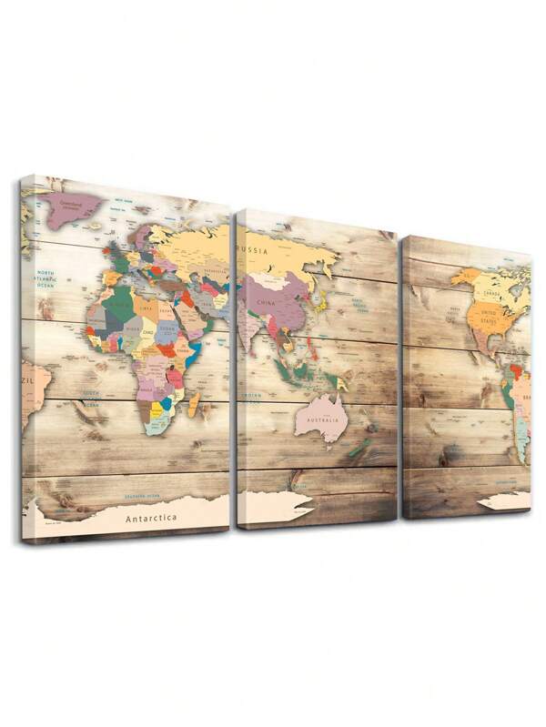 3 piezas de arte de pared con mapa del mundo, impresión en lienzo con textura de madera, carteles de arte de continentes, impresiones de arte de geografía, pinturas estilo antiguo, obras de arte de cartografía, decoración del hogar, estética de la habitación, pósteres, regalos ideales, para sala de estar, dormitorio