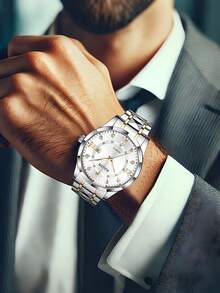 1件商务休闲风格不锈钢表带表壳罗马数字石英表，带日历功能，适合作为周年纪念日、生日、毕业礼物以及其他送给男孩的最佳节日礼物。 - 銀色 - 查看 10