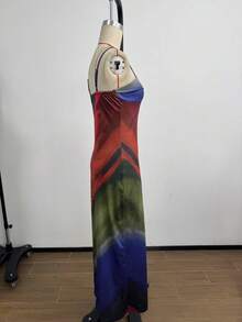 Women's Sexy Casual Vacation Printing Spaghetti Strap Low-Cut Zipper Back Long Dress, Summer