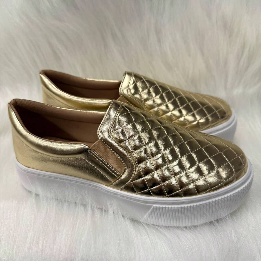 Tênis FlatForm FemininoSlip On Casual Básico Confotável Macio - Ouro Metalizado - Visão 1