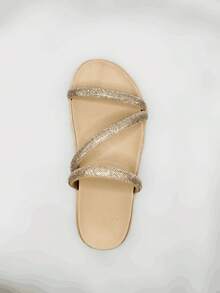 Women's Flat Sandal  Rhinestone Straps Shiny Two In One Comfortable Adjuster - Nude - View 4