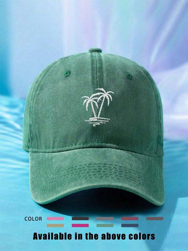 1 pièce Casquette de baseball brodée arbre de noix de coco lavée, chapeau décontracté ajustable, anti-UV pour l'extérieur, convient pour le printemps, l'automne, les voyages, la plage, les vacances, style Y2K pour les jeunes