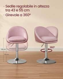 VASAGLE Sedia regolabile per trucco, sedia da ufficio, girevole, sgabello da bar con schienale e base in acciaio, per bancone, ufficio, toeletta, sala da pranzo, rosa pastello - Rosa - Visualizzare 4