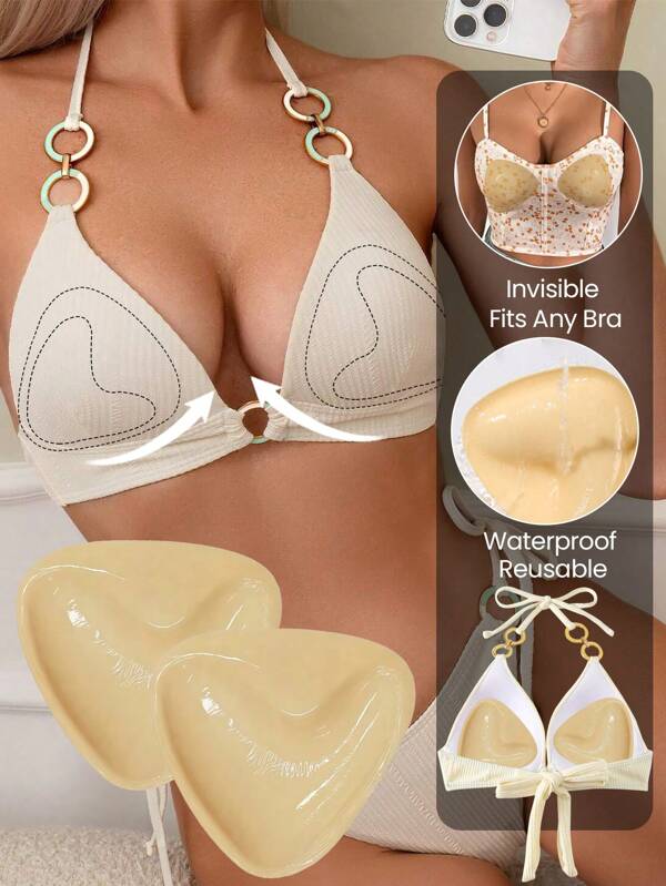 1 Pair Of Double Sided Self-Adhesive Bra Pads, Chest Pads Adhesive Pads, Reusable Padding Pads, Bra Bikini Invisible Thickened Chest Pads Waterproof For Swimming