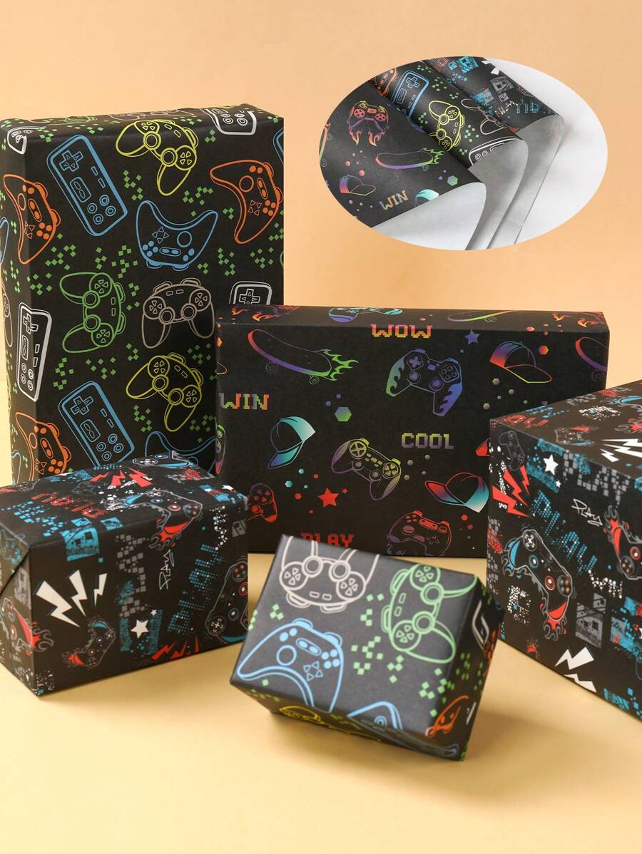 3/6 Piezas Papel de regalo con tema de videojuegos en negro, papel de embalaje con estilos de juegos variados, suministros para fiesta de cumpleaños con tema de juegos, suministros de fiesta de boda, regalos para invitados, decoración para baby shower o revelación de género, papel de regalo para ramos de flores, suministros de decoración, papel de regalo impermeable, artículos de oficina, artículos para el hogar, decoración de fiestas festivas