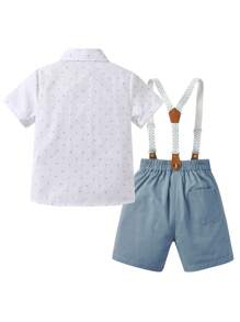 BLUE SAYING Set de 2 piezas para niños: Camisa de manga corta con estampado creativo en blanco y shorts con tirantes verdes, conjunto para fiesta y actuación para niños