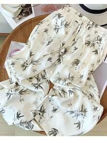 Damen Orientalischer Stil Tusche-Gemälde Bambus-Blatt Muster Seidige Slim-Fit Hose