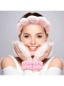 6pcs/Set Pink Face Cleansing Tool Kit, Include Headband, Waterproof Wristband, Face Cleansing Brushes, Makeup Remover