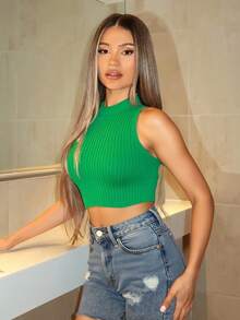 Top corto casual sin mangas para mujer, tejido de punto, cuello redondo, tela de poliéster y elastano, textura tipo canalé, apto para la temporada de verano, muy fresco y cómodo, ideal para el uso diario. - Verde - Ver 5