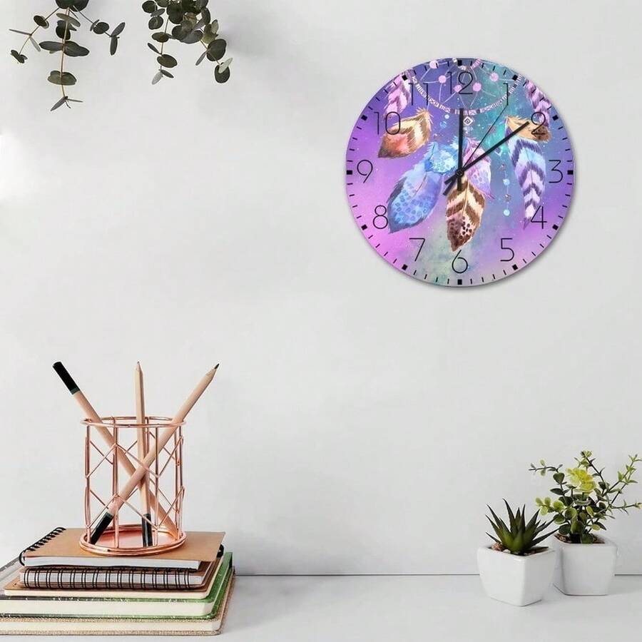 Silent Wall Art Wall Clock Reloj De Pared Analog Round Non-Ticking Boho Moon Dream Catcher Feather Country Wall Clocks Blue Starry Sky Stars Home Decor For Restaurant Classroom Dining Room 12 Inch, Dom Room Decor Men Wall Decor Home DecorApartment Decor Home Decoration Bedroom Decor - Style-3 - View 1