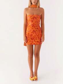 Women Sequin Sparkly Floral Tube Mini Dress With Scarf Y2k Sexy Pearl Embellished Bling Glitter Bodycon Dresses - trái cam - Xem 3