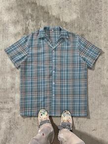 Camisa de manga corta de cuadros azules informal, suave y cómoda de moda para primavera