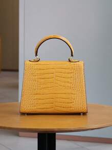 Bolso de moda para mujer de alta gama 2025, bolso de hombro/cruzado de lujo minimalista cuadrado, versátil para la oficina, de patrón de piel de cocodrilo amarillo retro y platino
